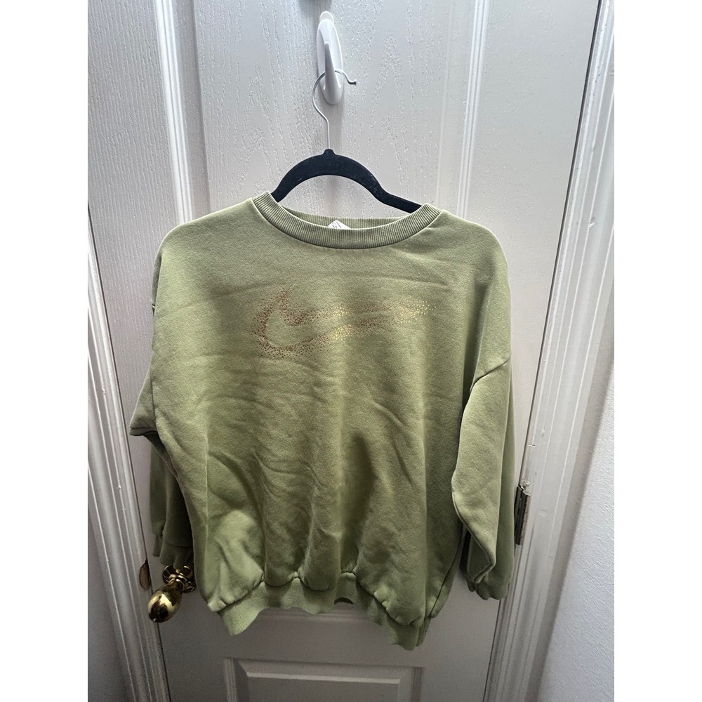 Nike Olive Green Crewneck Sweatshirt Metallic Gold Logo Women's Large